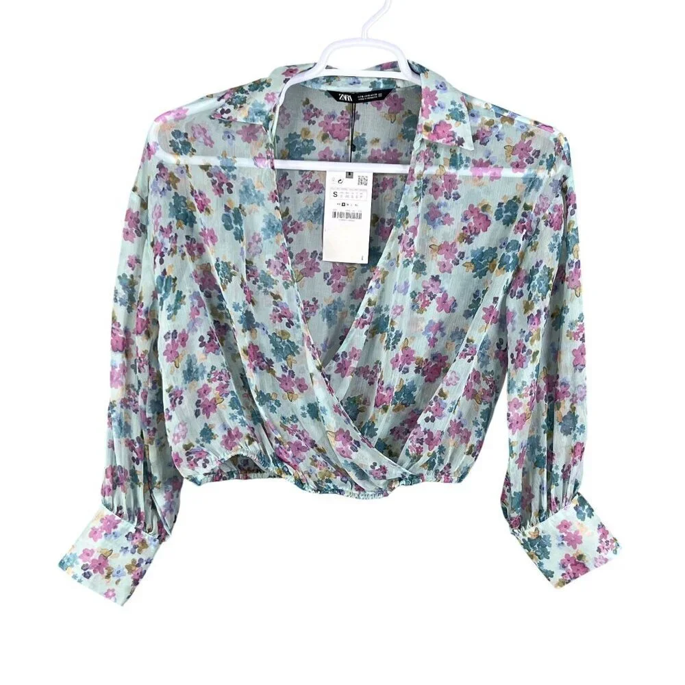 Zara NWT Womens S Floral Wrap Blouse Bell Sleeves Fairy Pastel Chiffon Crop Top - Picture 6 of 15